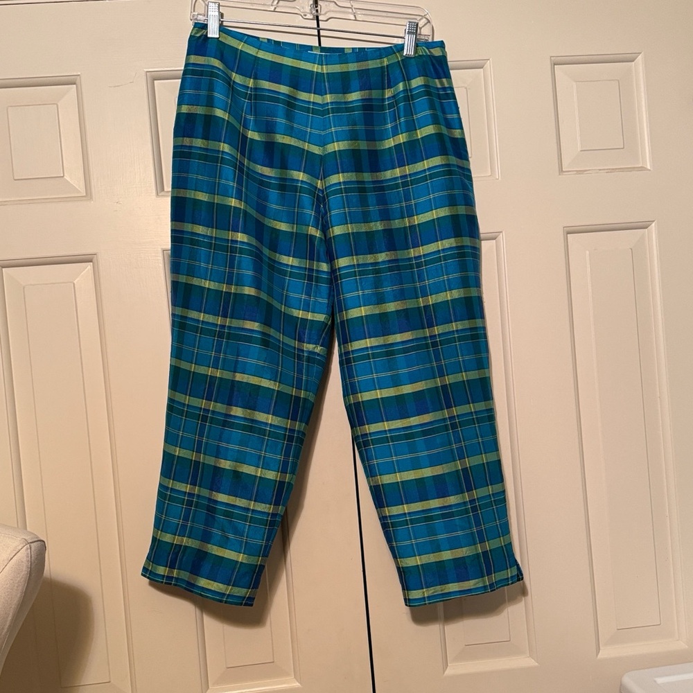 Allison Taylor Vintage Silk Vibrant Blue and Green Plaid Pants
